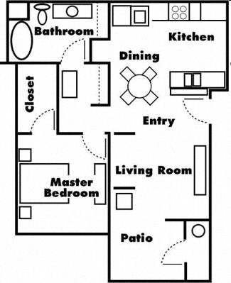 Floor plan for 1 bed, 1 bath, 883 sqft